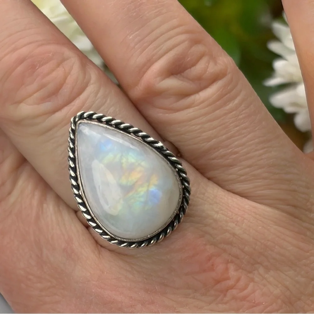 Top Quality Rainbow Moonstone Ring Size 8 3/4 Pear Sterling Silver 925 Overlay